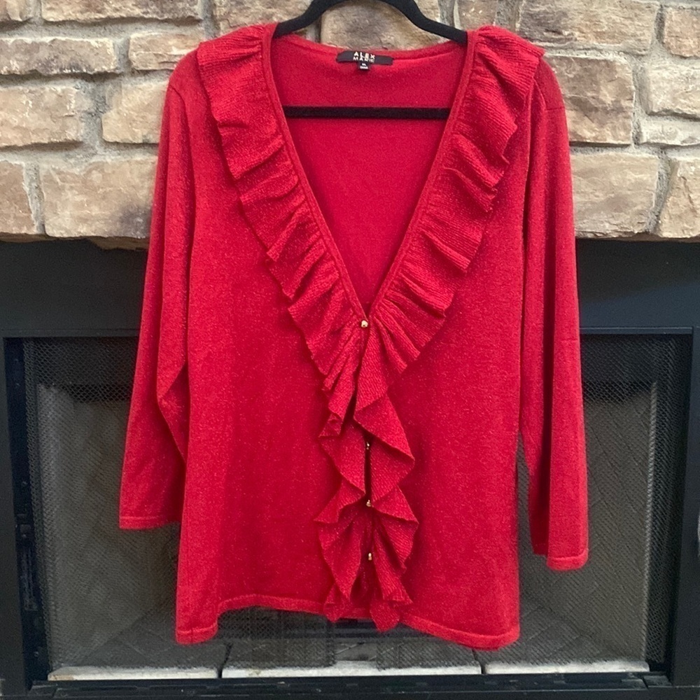 Alex Marie red metallic V-neck sweater cardigan with gold buttons. Size XL